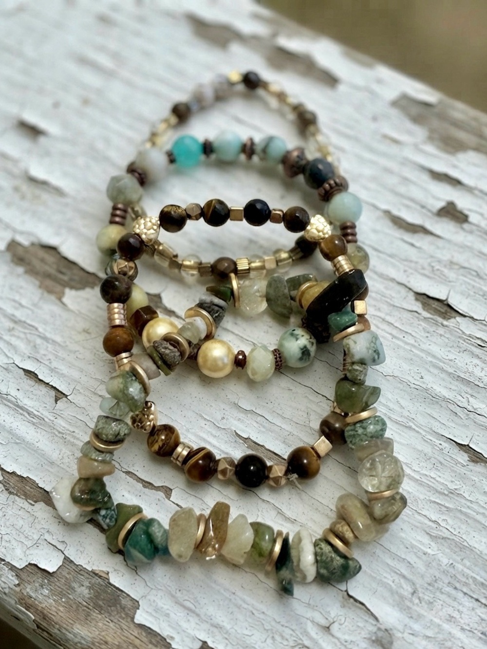 Stackable Green Stone and Gold Accent Bracelet Set